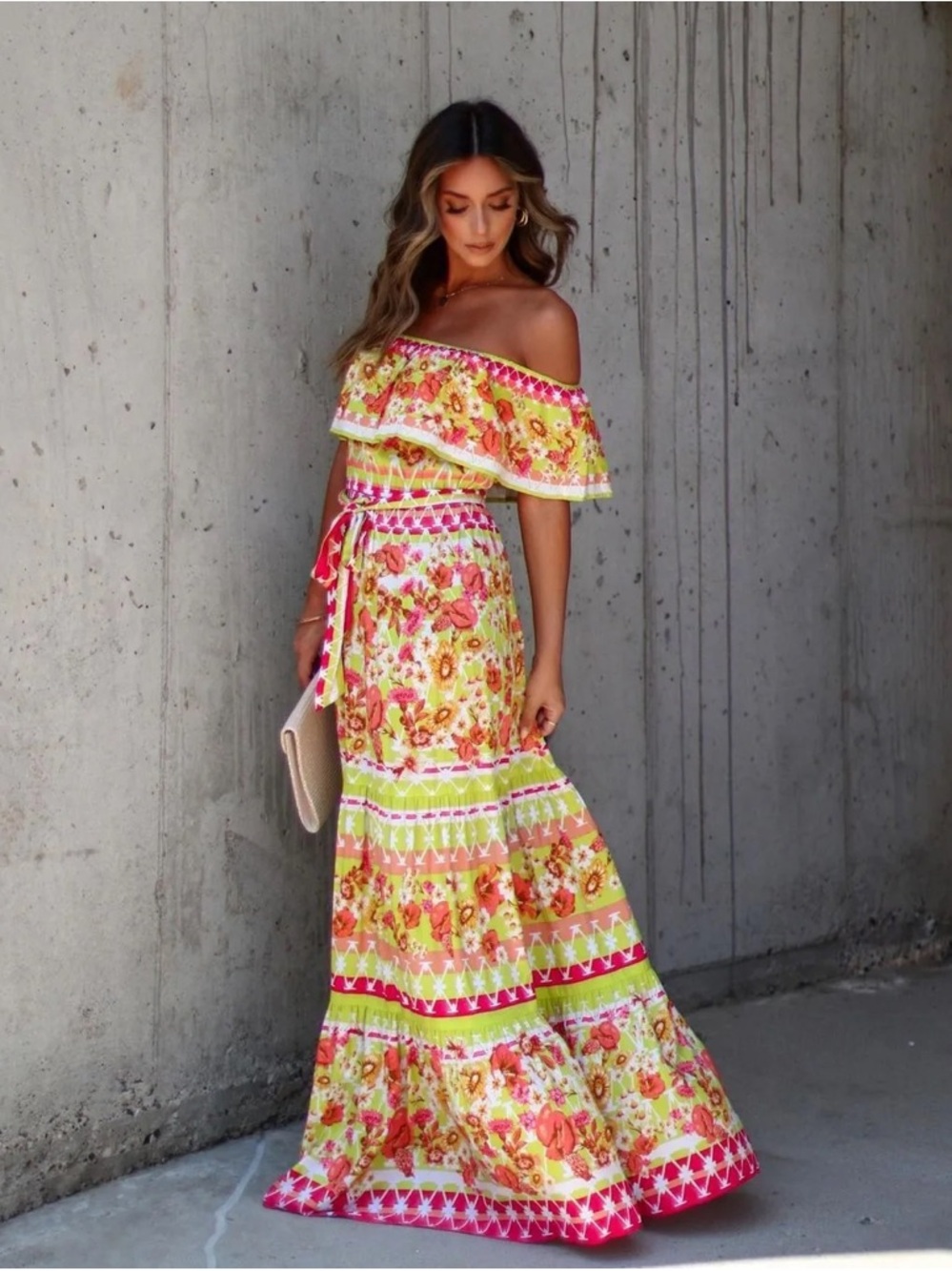 Off-Shoulder Floral Maxi Dress in Yellow and Pink